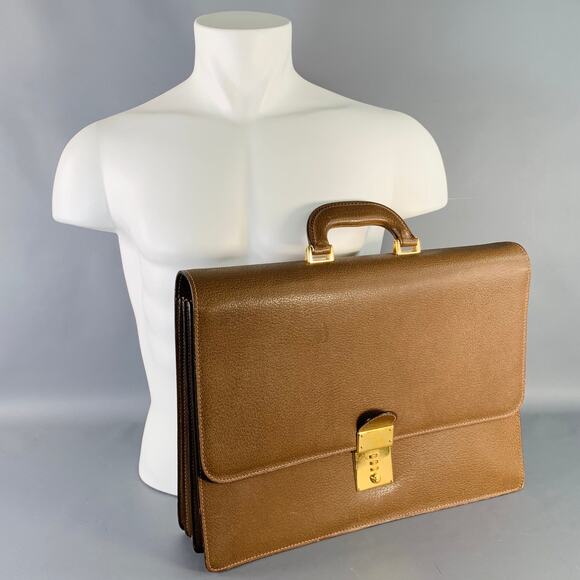 GUCCI Vintage Tan Pebble Grain Leather Combo Lock Briefcase - Picture 9 of 9